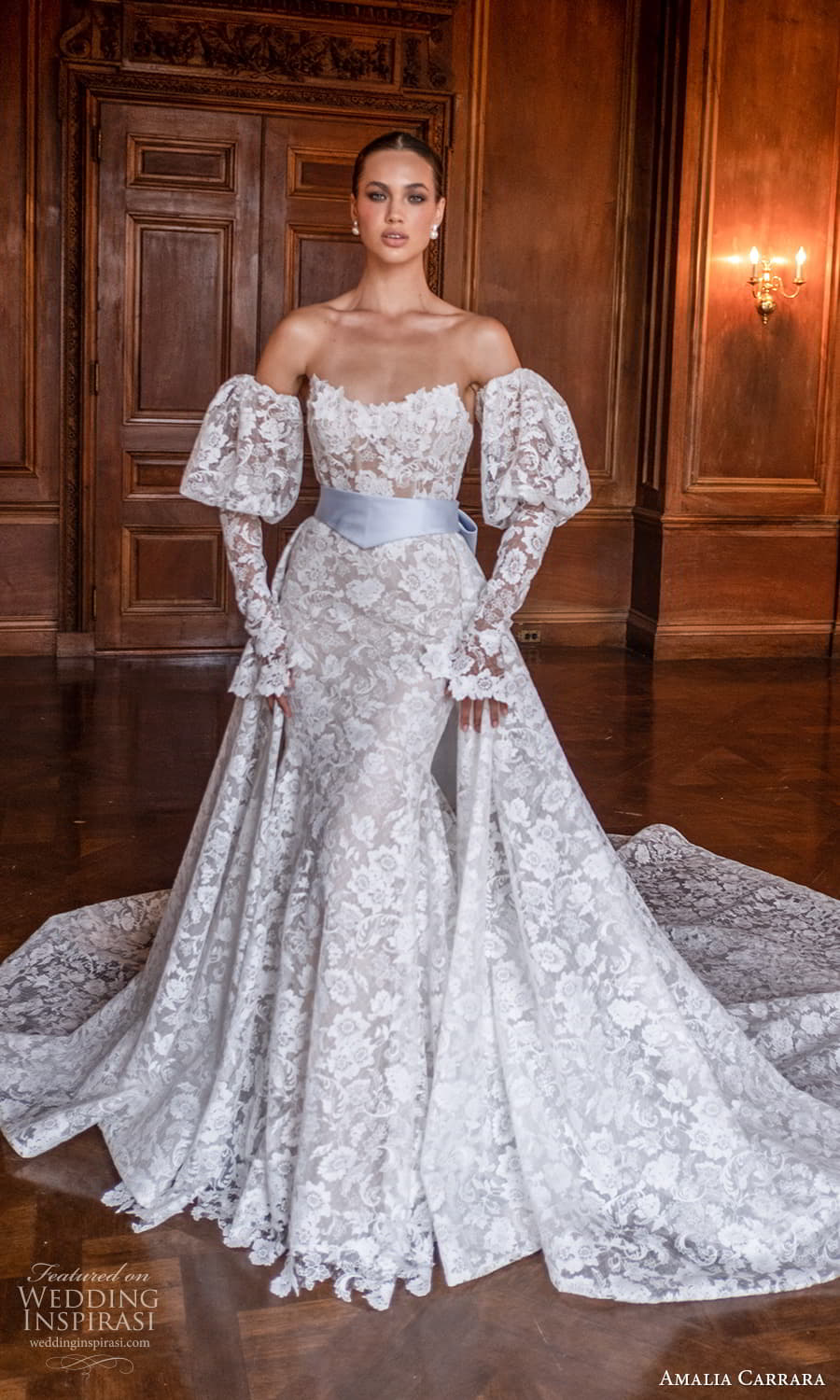 amalia carrara spring 2024 bridal detached puff sleeve strapless scoop neckline embellished lace sheath wedding dress a line ball gown overskirt chapel train (1) mv