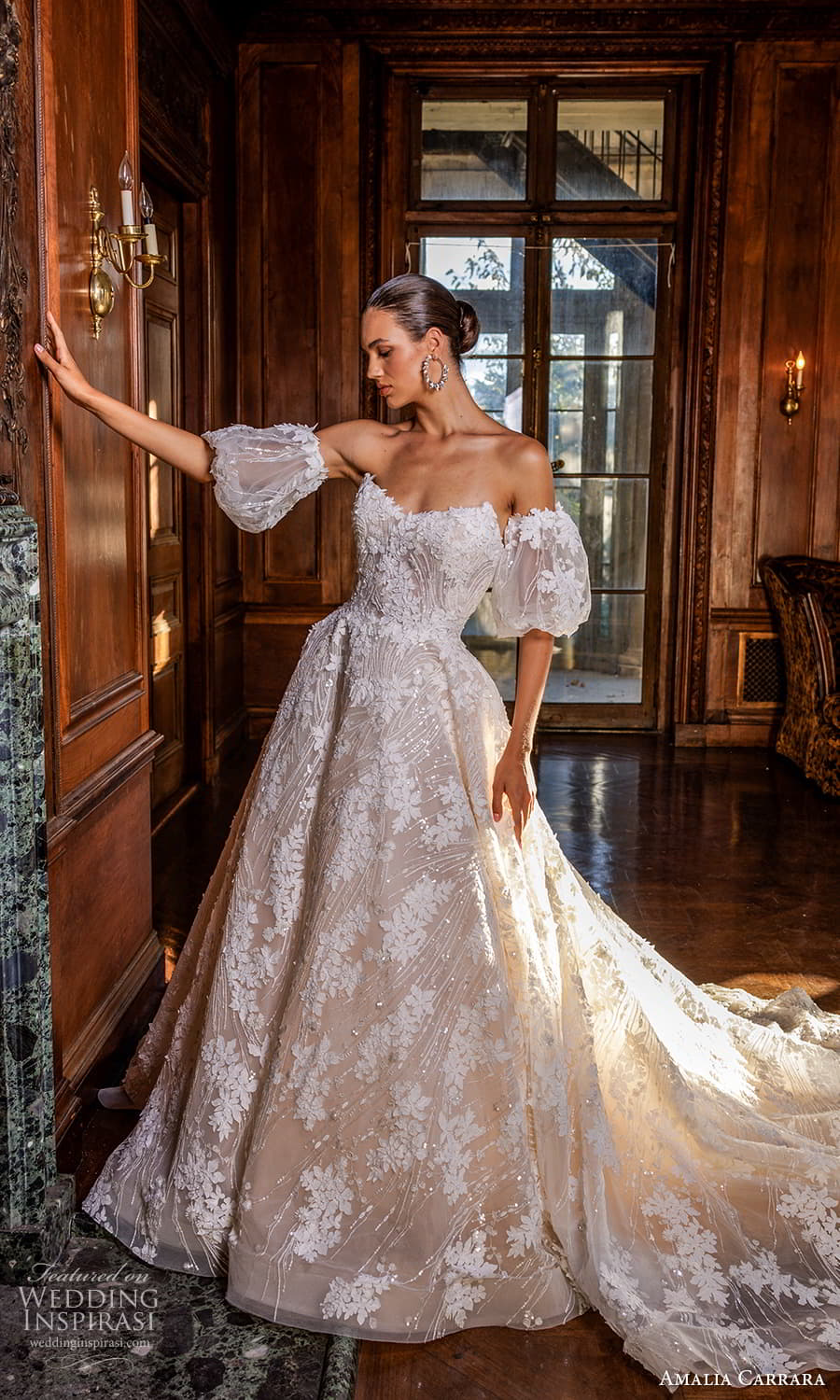amalia carrara spring 2024 bridal detached short puff sleeves strapless sweetheart neckline embellished lace a line ball gown wedding dress chapel train (6) fv