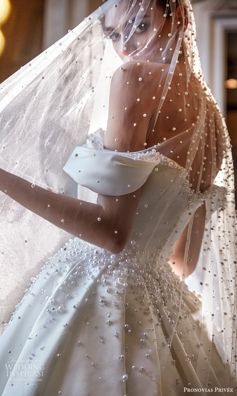 pronovias 2024 privee bridal off shoulder straps embellished plunging sweetheart neckline clean minimalist ball gown wedding dress chapel train veil (4) zbv