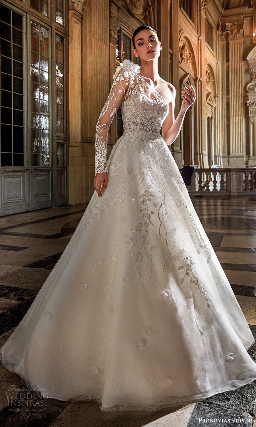 pronovias 2024 privee bridal one shoulder sleeve asymmetric neckline heavily embellished a line ball gown wedding dress chapel train (7) mv
