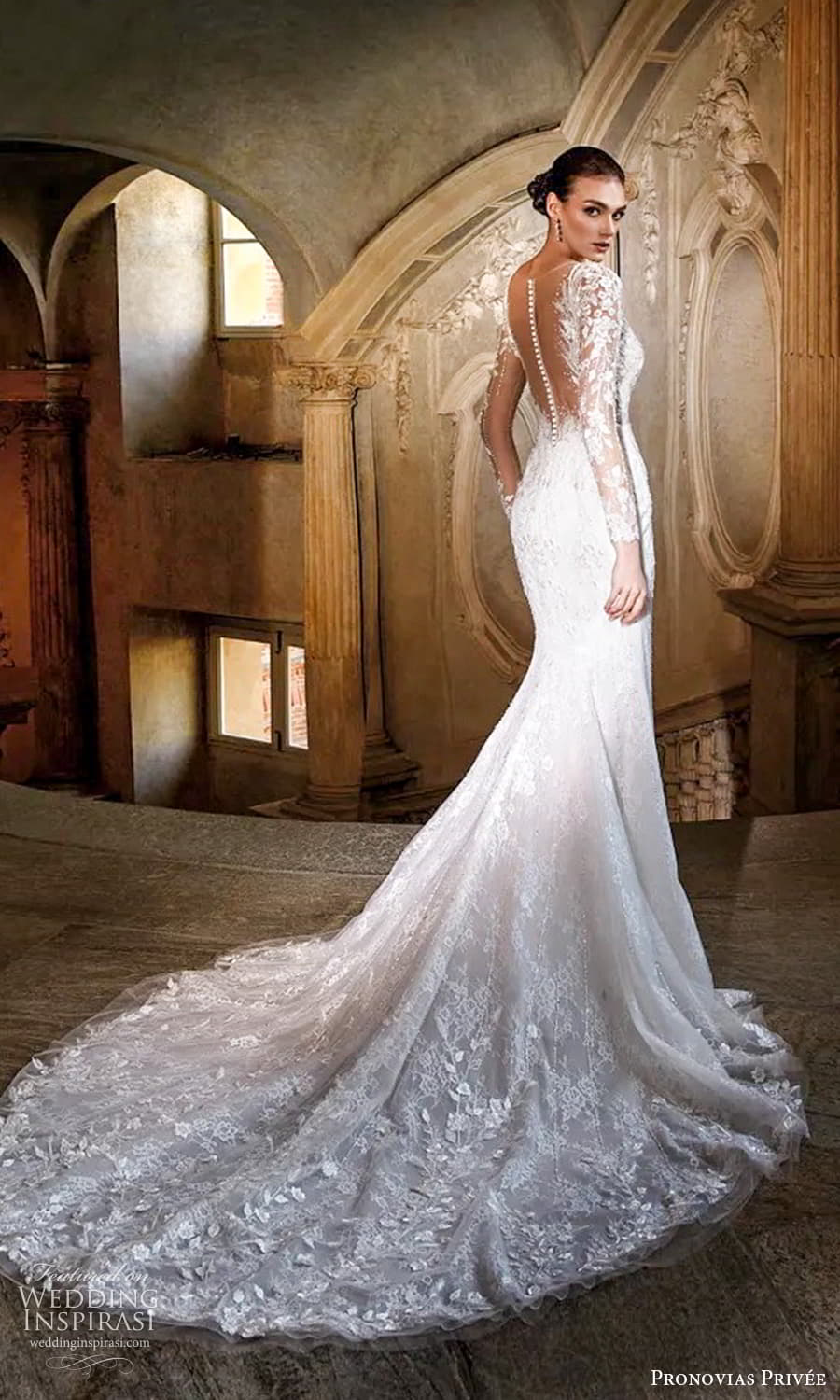 pronovias 2024 privee bridal sheer long illusion v neckline fully embellished sheath mermaid wedding dress chapel train illusion back (1) bv