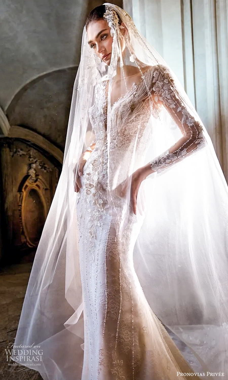 pronovias 2024 privee bridal sheer long illusion v neckline fully embellished sheath mermaid wedding dress chapel train illusion back (1) zv
