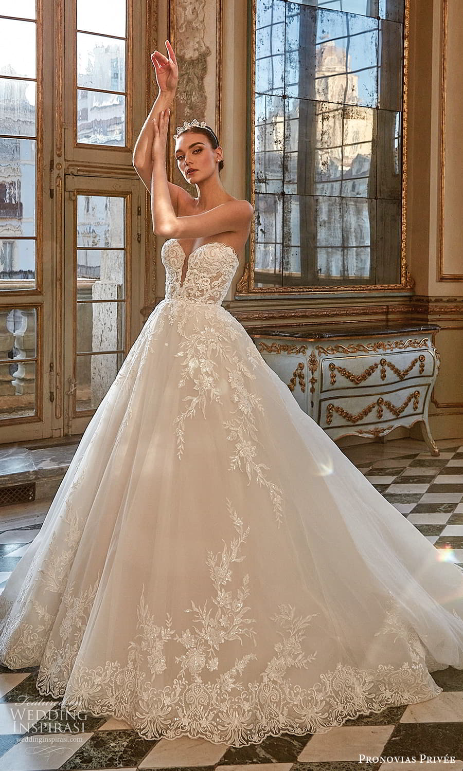 pronovias 2024 privee bridal strapless split sweetheart neckline embellished bodice a line ball gown wedding dress chapel train (3) mv