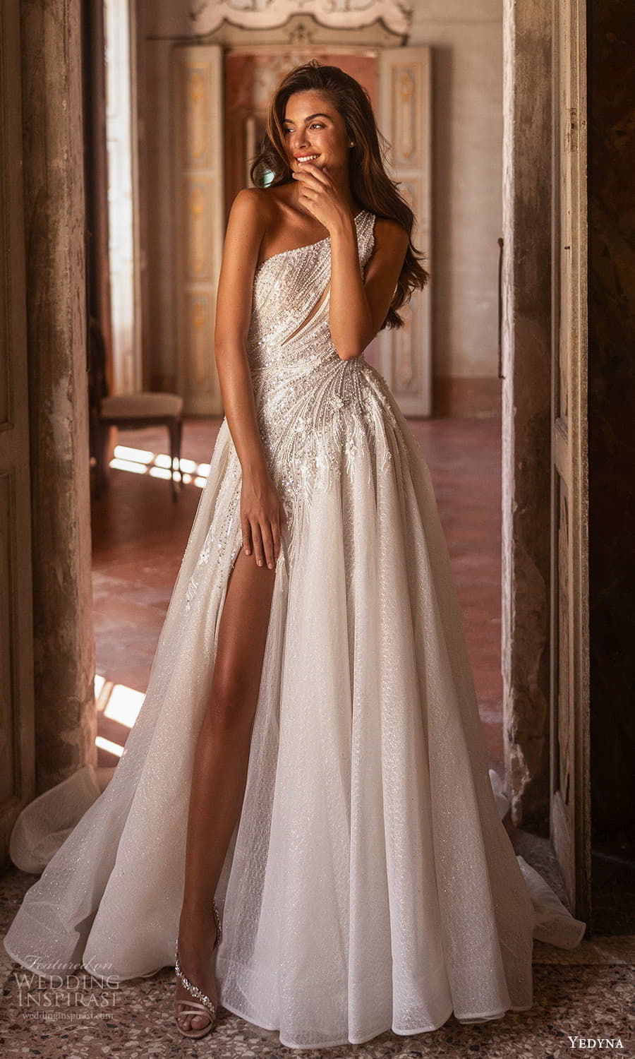 yedyna 2024 bridal asymmetric one shoulder strap heavily embellished bodice a line ball gown wedding dress chapel train slit skirt (5) mv