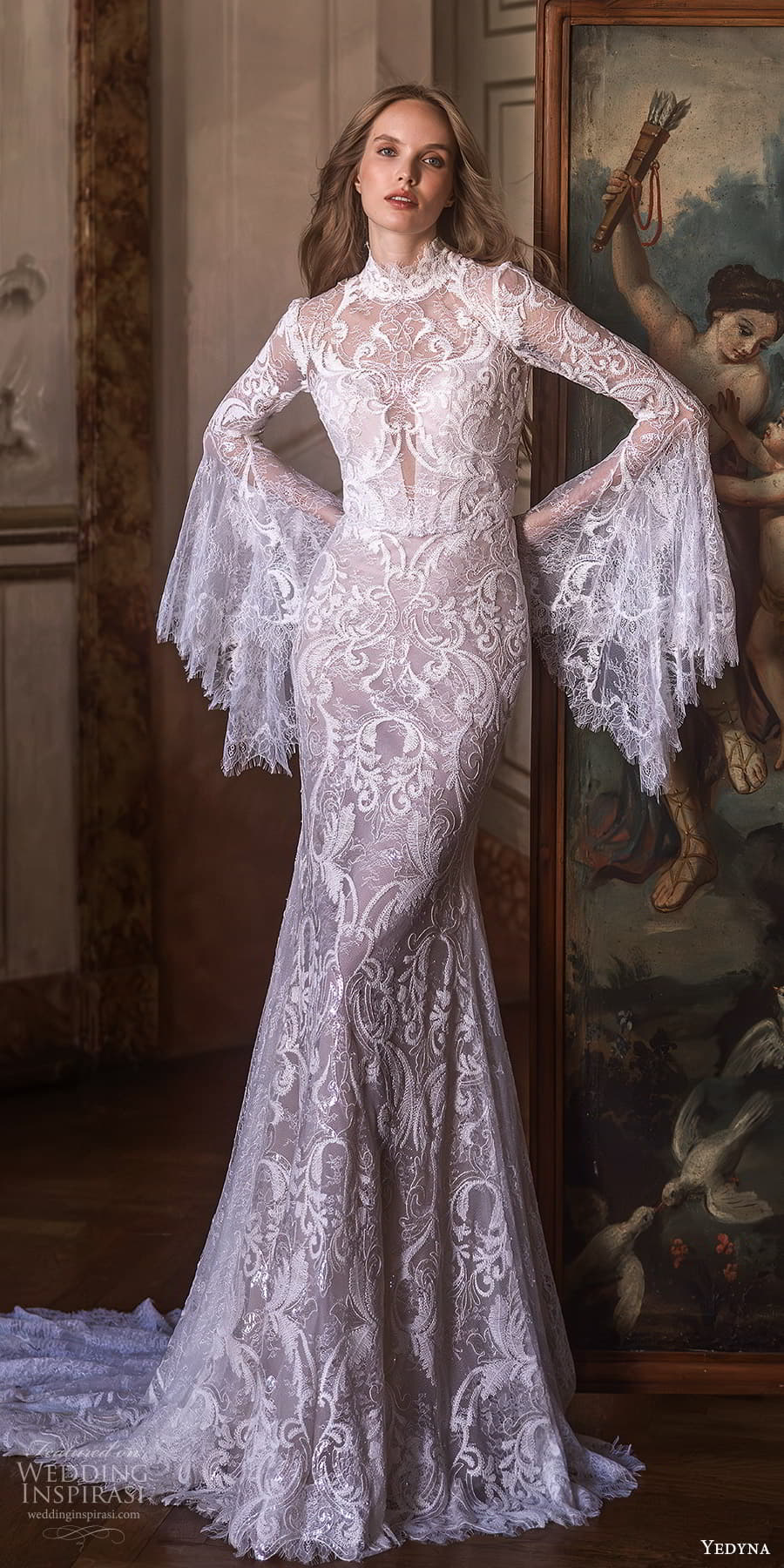 yedyna 2024 bridal flare sleeve high neckline heavily embroidered lace sheath wedding dress chapel train (4) lv