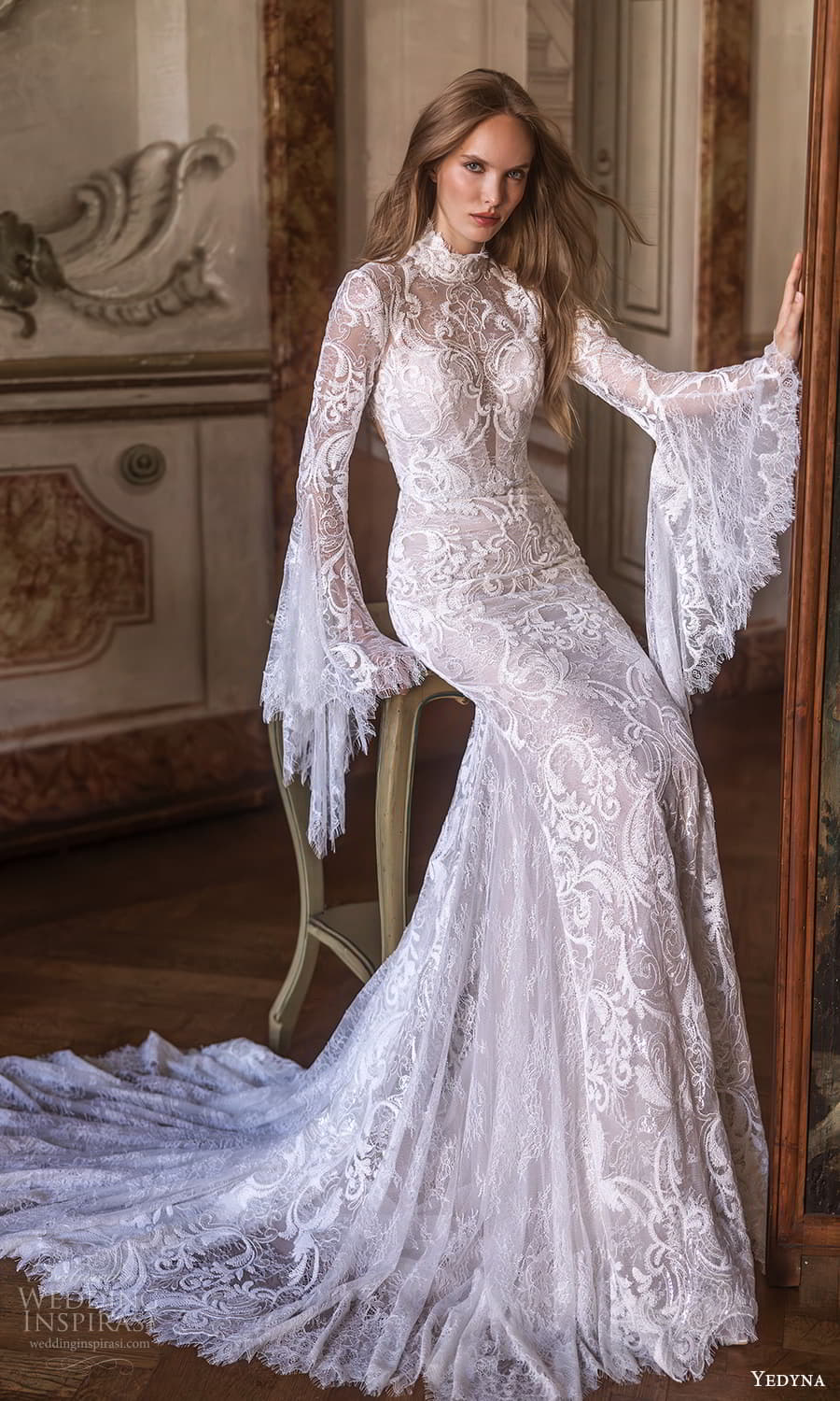 yedyna 2024 bridal flare sleeve high neckline heavily embroidered lace sheath wedding dress chapel train (4) mv