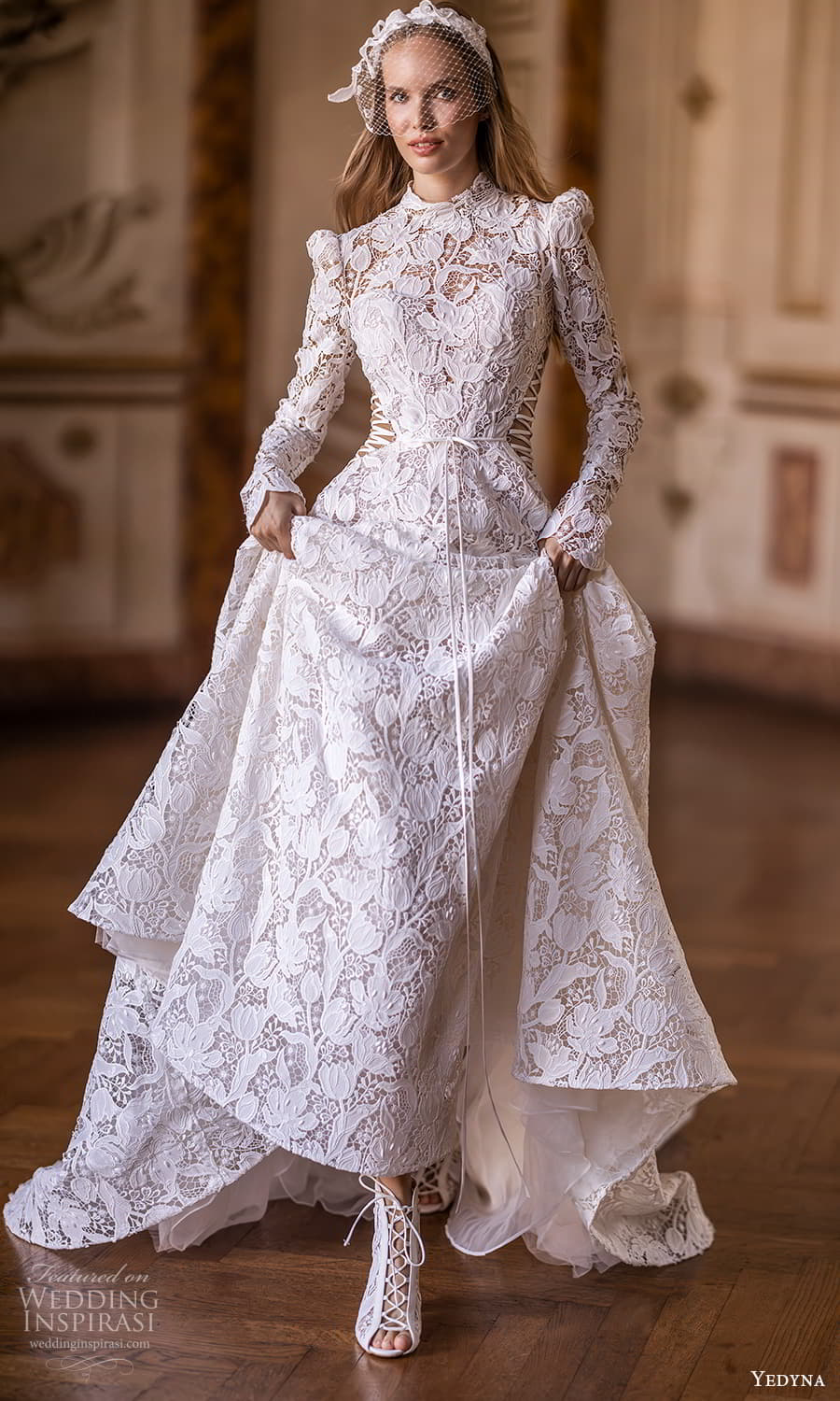 yedyna 2024 bridal long puff sleeve high neckline lace embellished a line wedding dress chapel train (12) fv