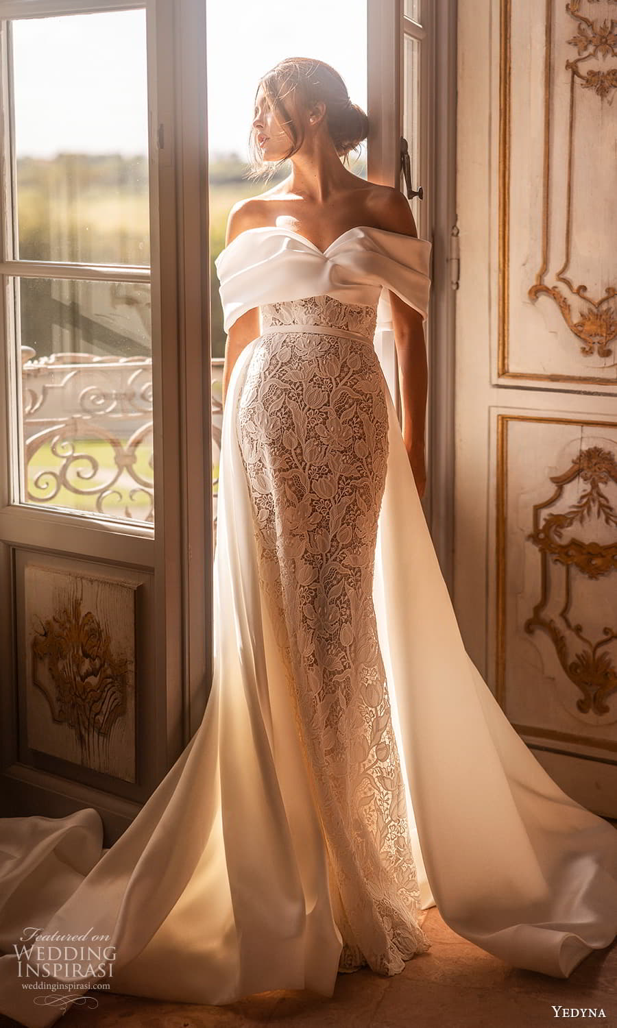 yedyna 2024 bridal off shoulder sleeve portrait sweetheart neckline embellished lace sheath wedding dress chapel train (31) mv