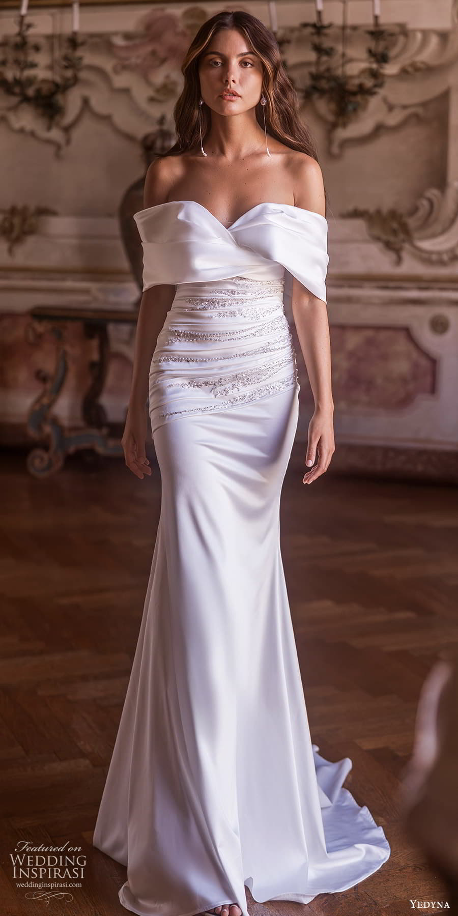 yedyna 2024 bridal off shoulder sleeve strapless surplice neckline embellished bodice sheath wedding dress chapel train (15) mv