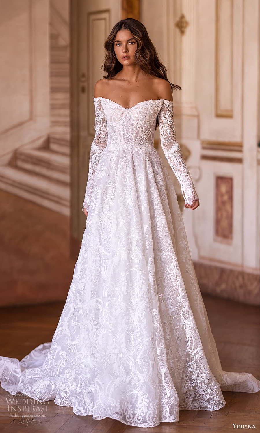 yedyna 2024 bridal sheer long sleeve off shoulder sweetheart neckline embellished lace a line ball gown wedding dress chapel train (18) mv