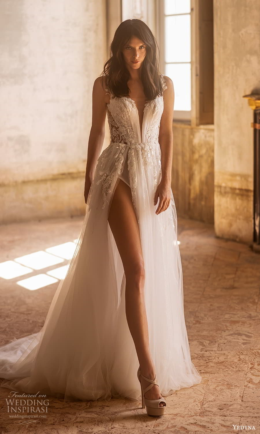 yedyna 2024 bridal sleeveless strap plunging v neckline embellished bodice a line wedding dress slit skirt chapel train (13) mv