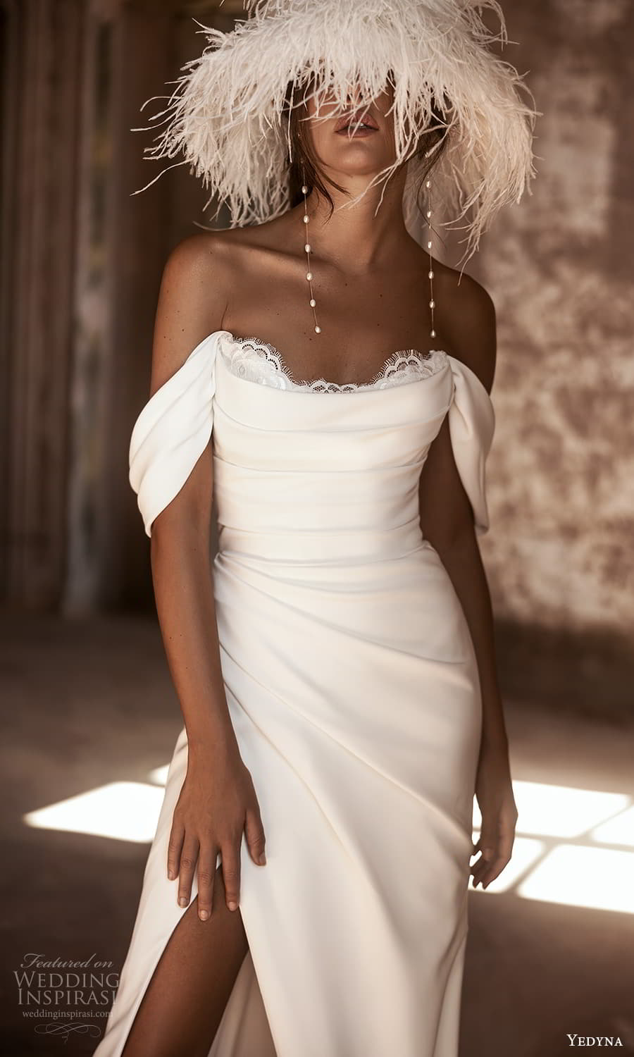yedyna 2024 bridal strapless crumbcatcher neckline pleated bodice sheath column wedding dress slit skirt chapel train (3) zv