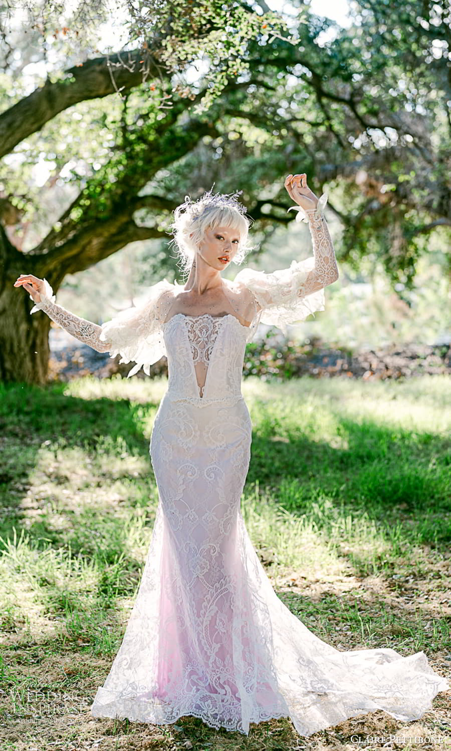 claire pettibone 2024 bridal detached sheer long sleeves strapless scalloped neckline embellished lace sheath wedding dress chapel train (3) mv