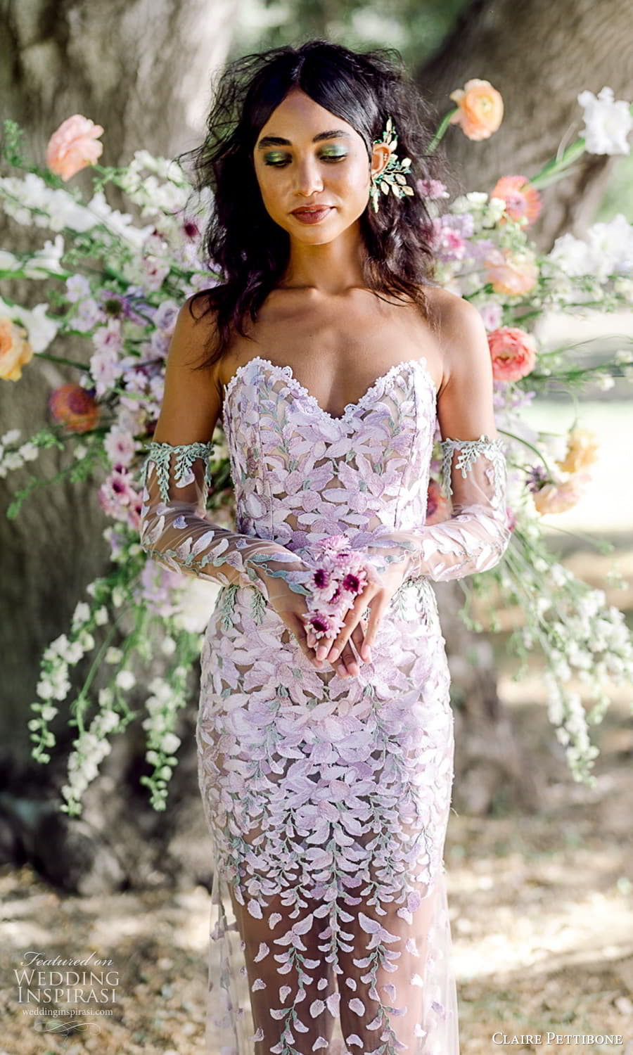 claire pettibone 2024 bridal detached sheer long sleeves strapless sweetheart neckline embellished sheer sheath wedding dress chapel train purple colour (2) zv