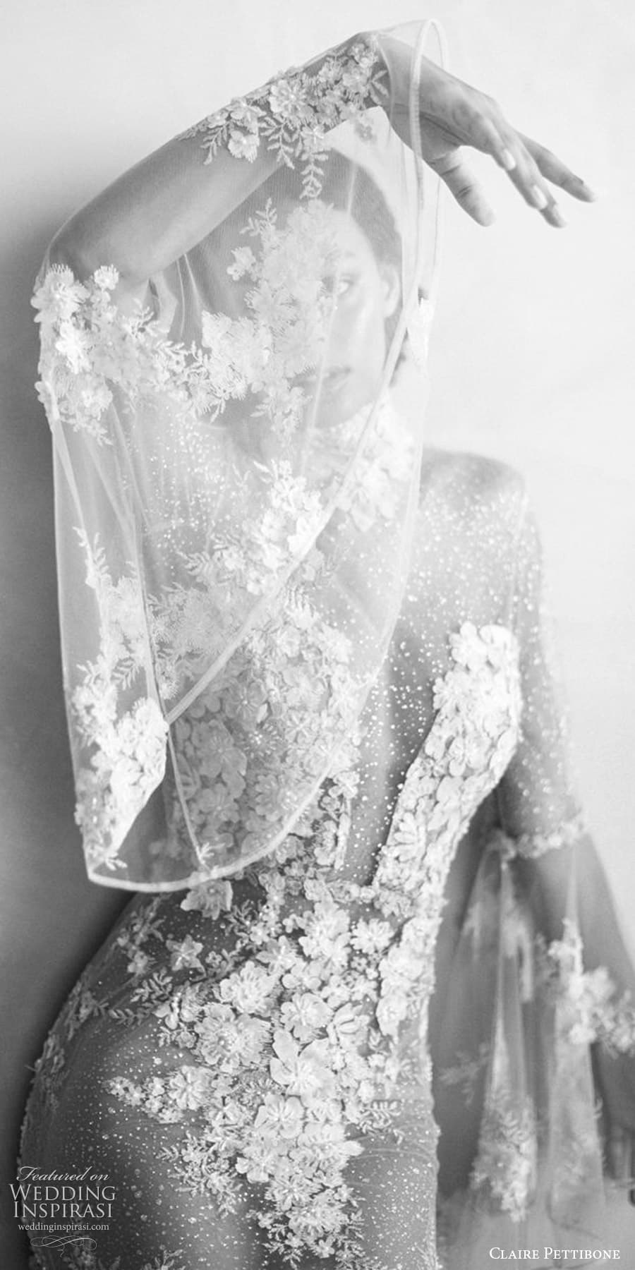 claire pettibone 2024 bridal sheer long flare sleeve illusion high neckline embellished sheath wedding dress chape train (1) lv