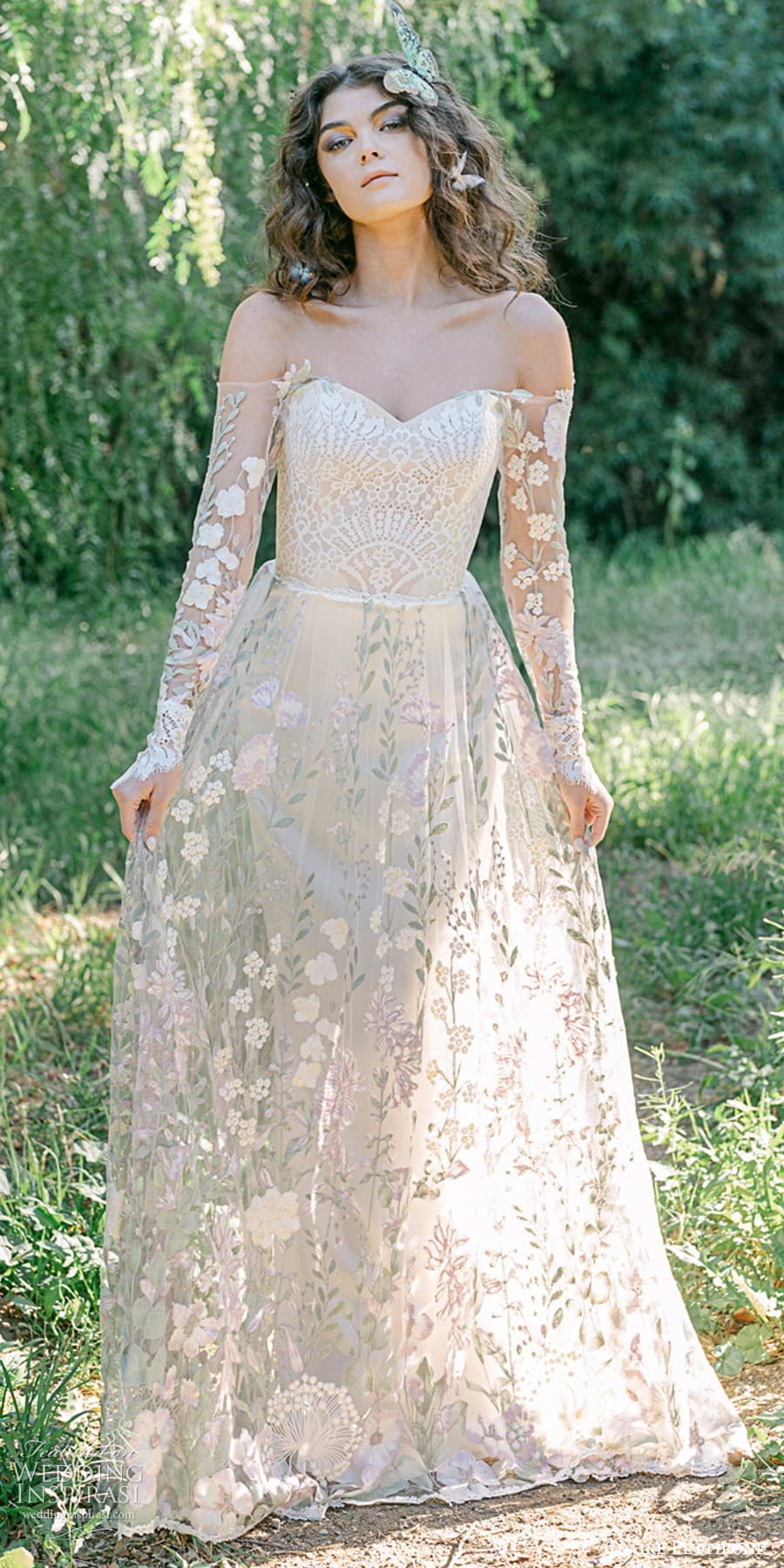 claire pettibone 2024 bridal sheer off shoulder long sleeves sweetheart neckline fully embellished a line wedding dress chapel train (5) multi color mv