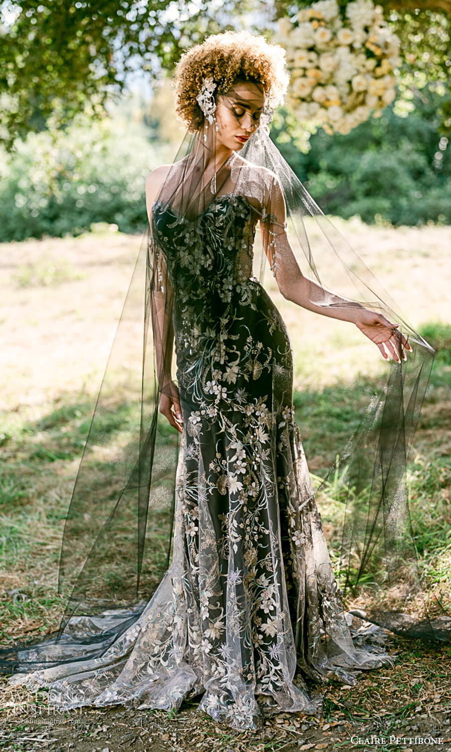claire pettibone 2024 bridal sleeveless drape straps sweetheart neckline fully embellished sheath wedding dress black color veil (1) fv