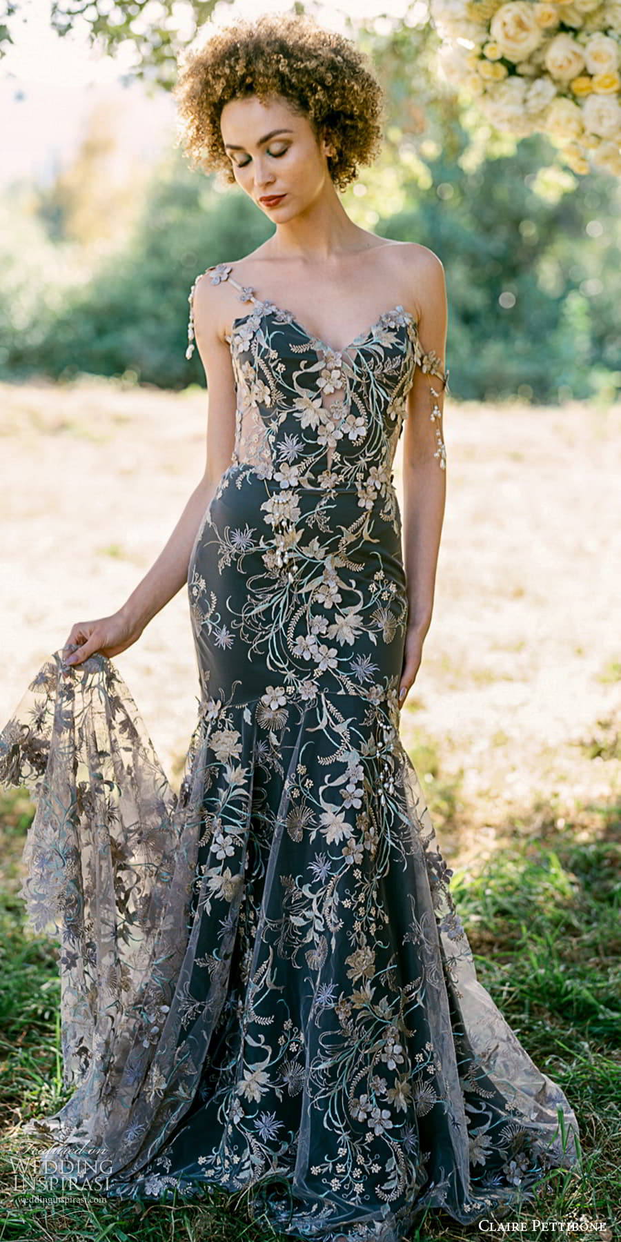 claire pettibone 2024 bridal sleeveless drape straps sweetheart neckline fully embellished sheath wedding dress black color veil (1) lv
