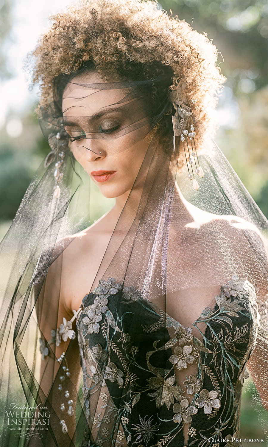 claire pettibone 2024 bridal sleeveless drape straps sweetheart neckline fully embellished sheath wedding dress black color veil (1) zv 