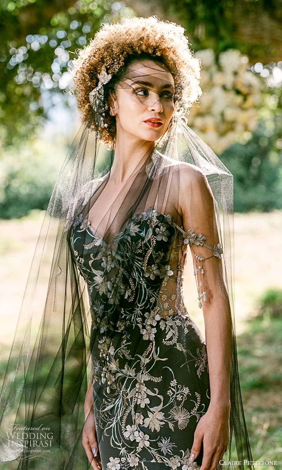 claire pettibone 2024 bridal sleeveless drape straps sweetheart neckline fully embellished sheath wedding dress black color veil (1) zv