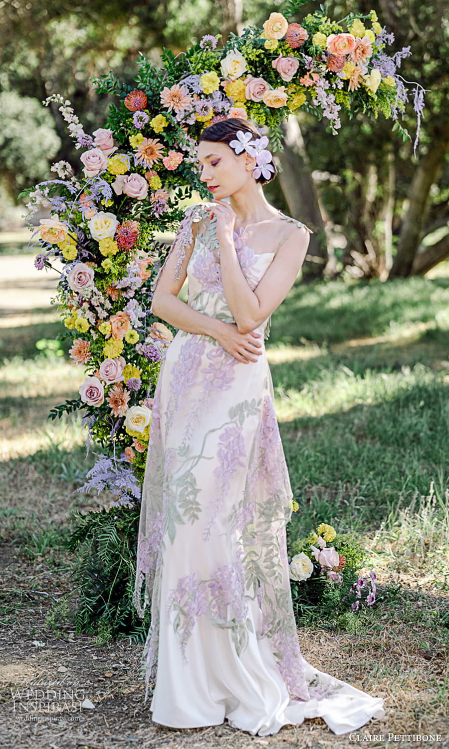claire pettibone 2024 bridal sleeveless sheer thick straps illusion jewel neckline embroidered embellished sheath wedding dress chapel train (7) purple color mv
