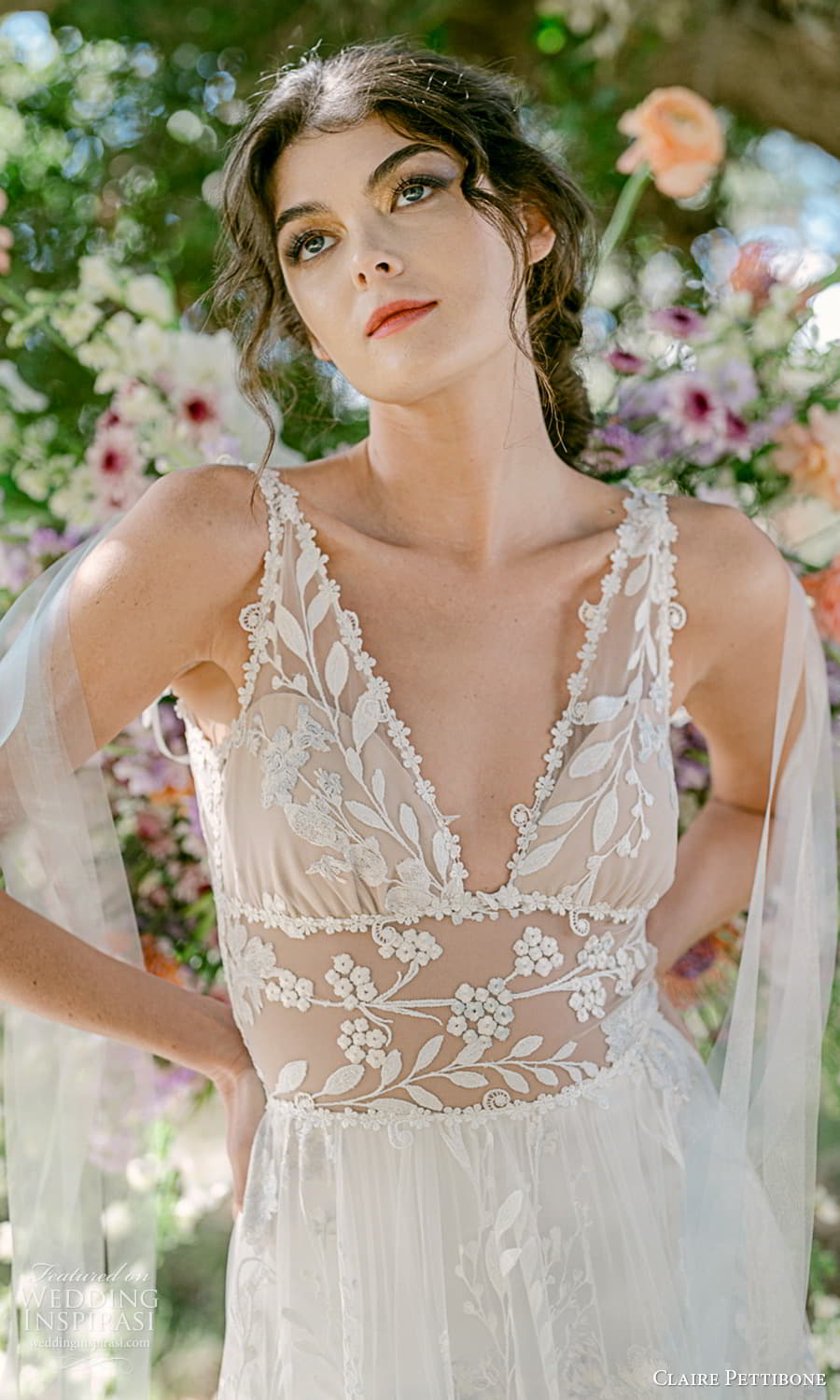 claire pettibone 2024 bridal sleeveless v neckline embellished bodice a line wedding dress chapel train (9) zv