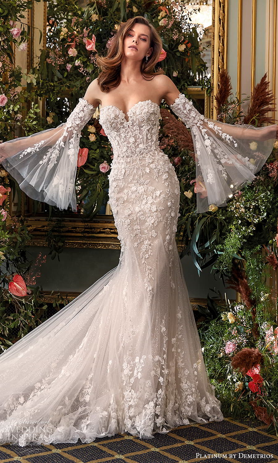 demetrios 2024 platinum bridal detachable long flare sleeve strapless sweetheart neckline embellished lace sheath wedding dress chapel train DP494