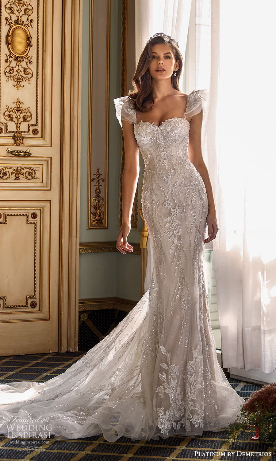 demetrios 2024 platinum bridal flutter sleeves sweetheart neckline embellished lace sheath wedding dress chapel train DP485 1