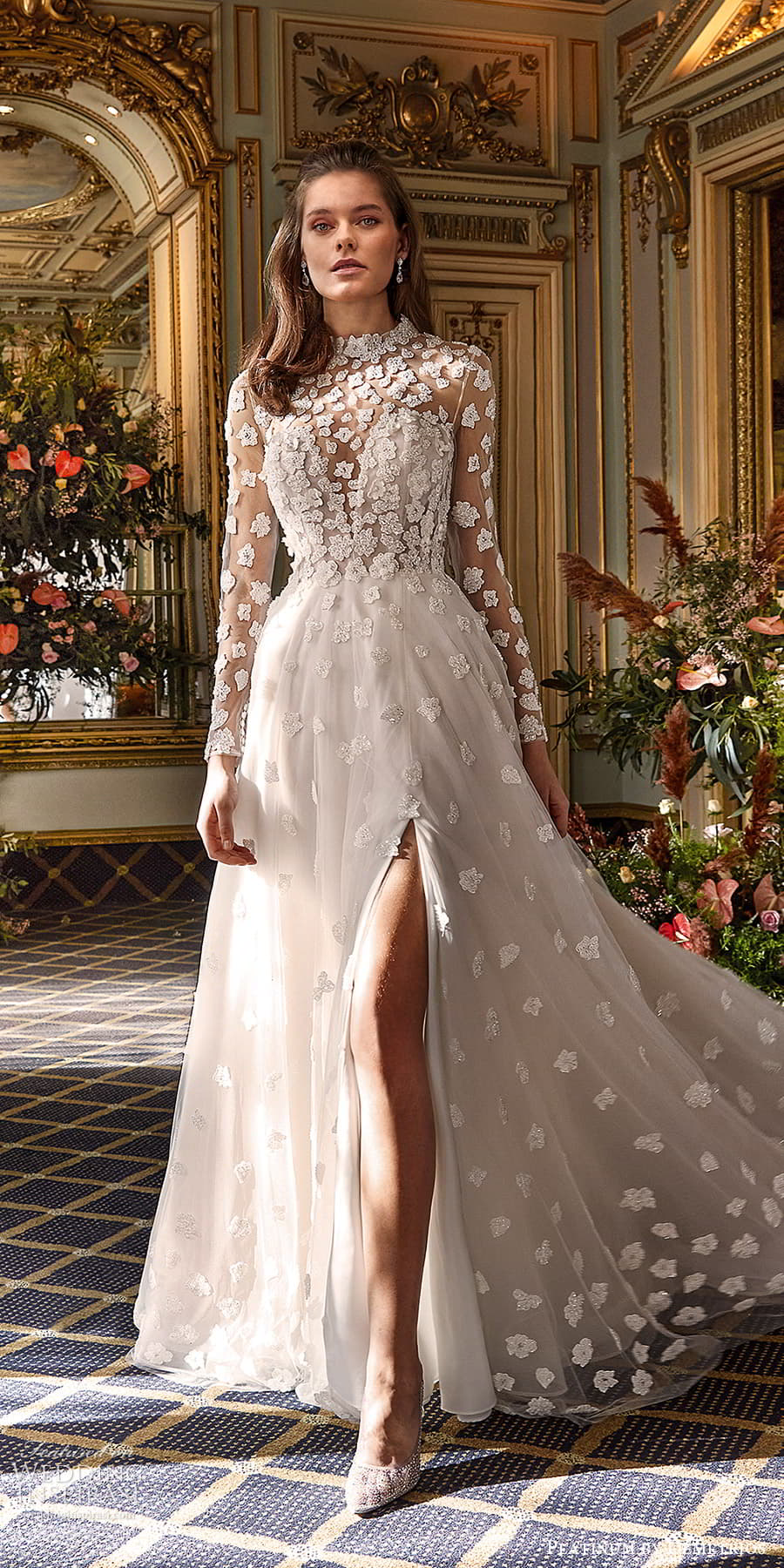 demetrios 2024 platinum bridal sheer long sleeve high neckline embellished lace a line wedding dress slit skirt chapel train DP496 3