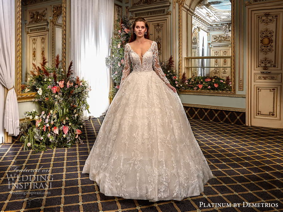 demetrios 2024 platinum bridal sheer long sleeve plunging v neckline embellished lace a line ball gown wedding dress chapel train DP506 2