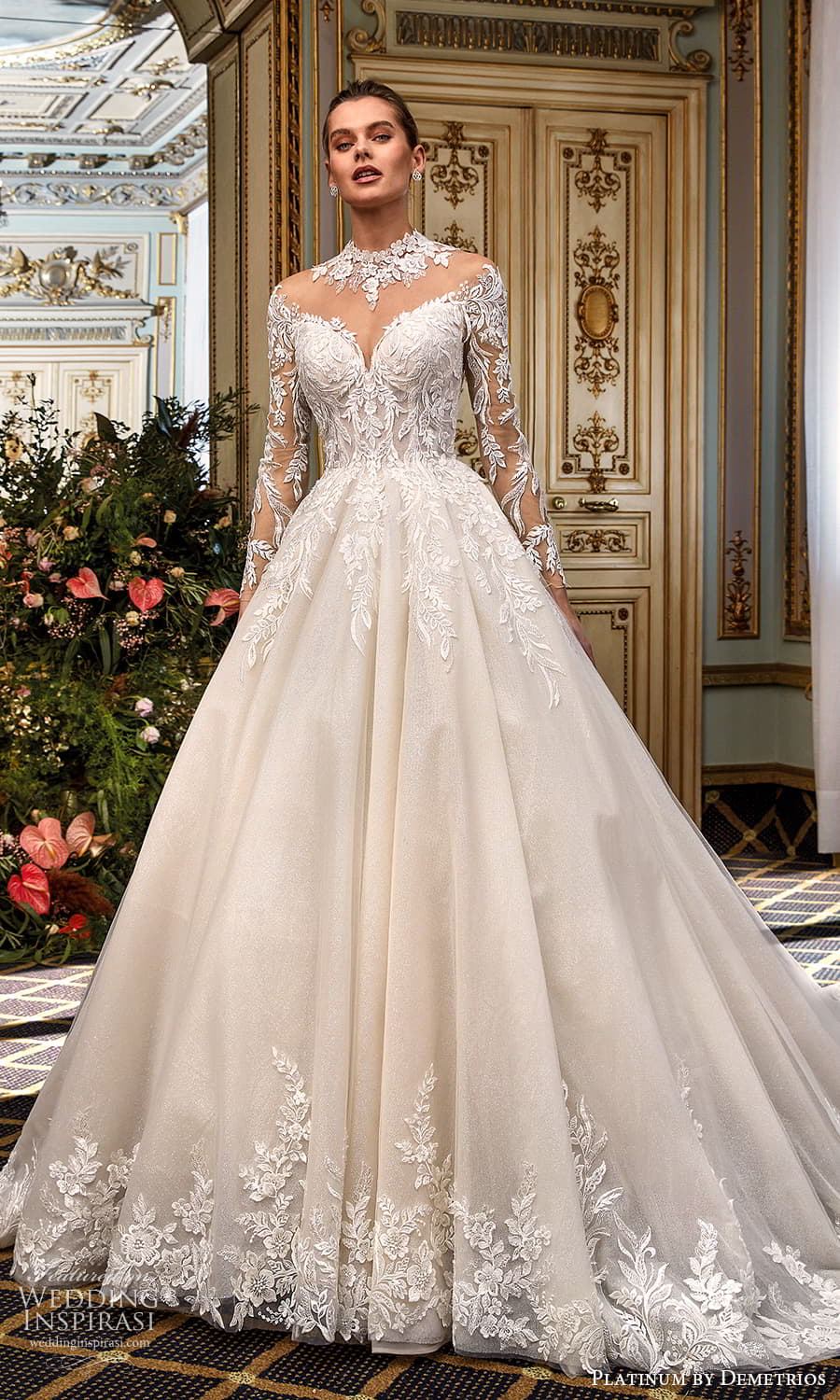 demetrios 2024 platinum bridal sheer long sleeve sweetheart neckline embellished lace a line ball gown wedding dress chapel train DP489 2
