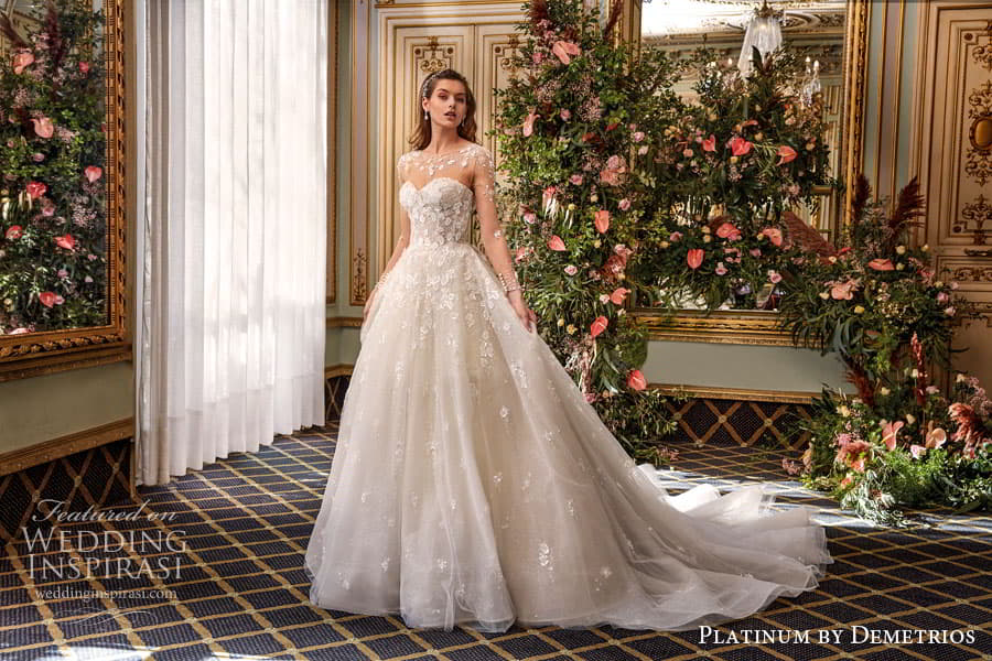 demetrios 2024 platinum bridal sheer long sleeve sweetheart neckline embellished lace a line ball gown wedding dress chapel train DP504 2