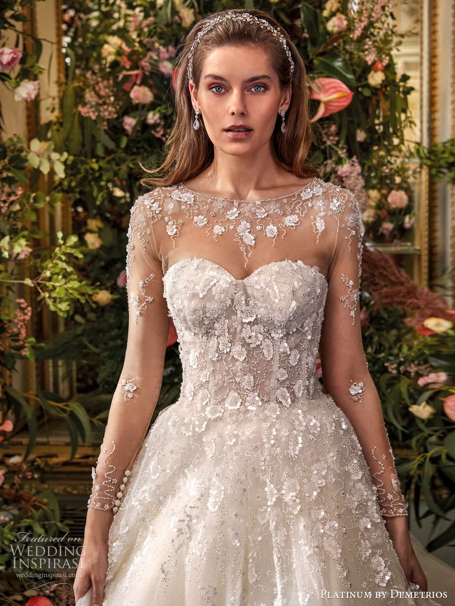demetrios 2024 platinum bridal sheer long sleeve sweetheart neckline embellished lace a line ball gown wedding dress chapel train DP504 3
