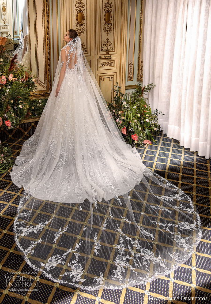demetrios 2024 platinum bridal sleeveless sweetheart bateau neckline embellished lace a line ball gown wedding dress chapel train DP500 4