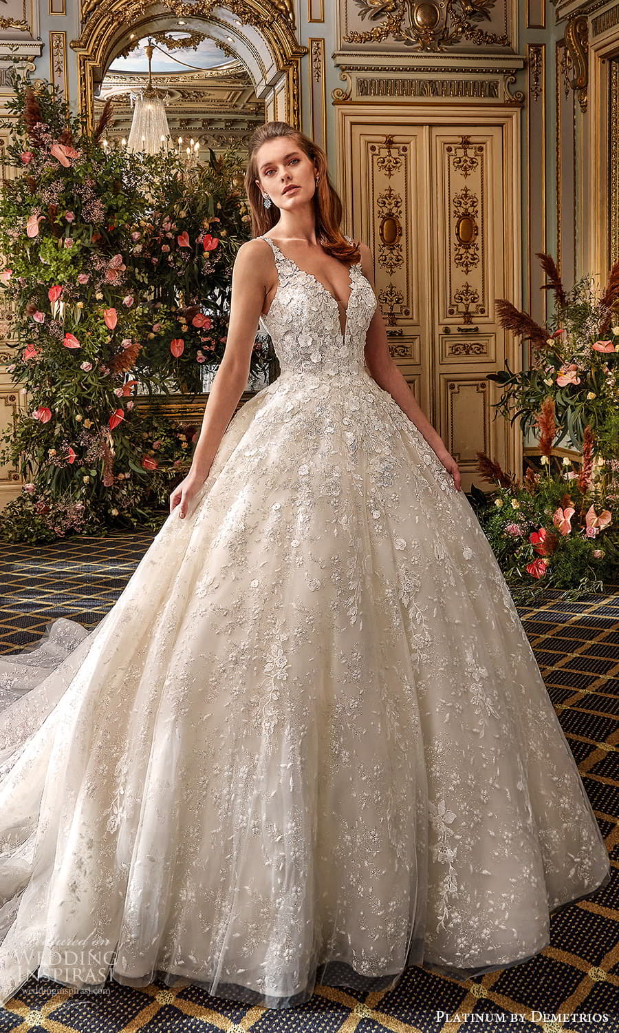 demetrios 2024 platinum bridal sleeveless sweetheart plunging v neckline embellished lace a line ball gown wedding dress chapel train DP483
