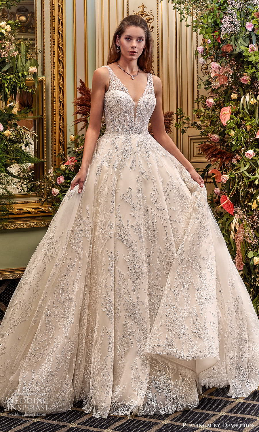 demetrios 2024 platinum bridal sleeveless sweetheart scoop neckline embellished lace a line ball gown wedding dress chapel trainDP493 1