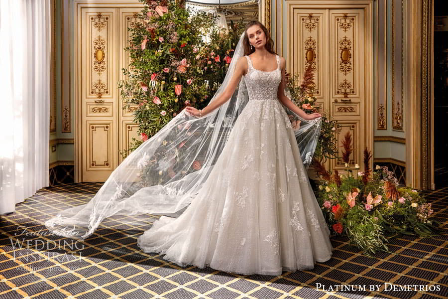 demetrios 2024 platinum bridal sleeveless sweetheart square neckline embellished lace a line ball gown wedding dress chapel trainDP497 2