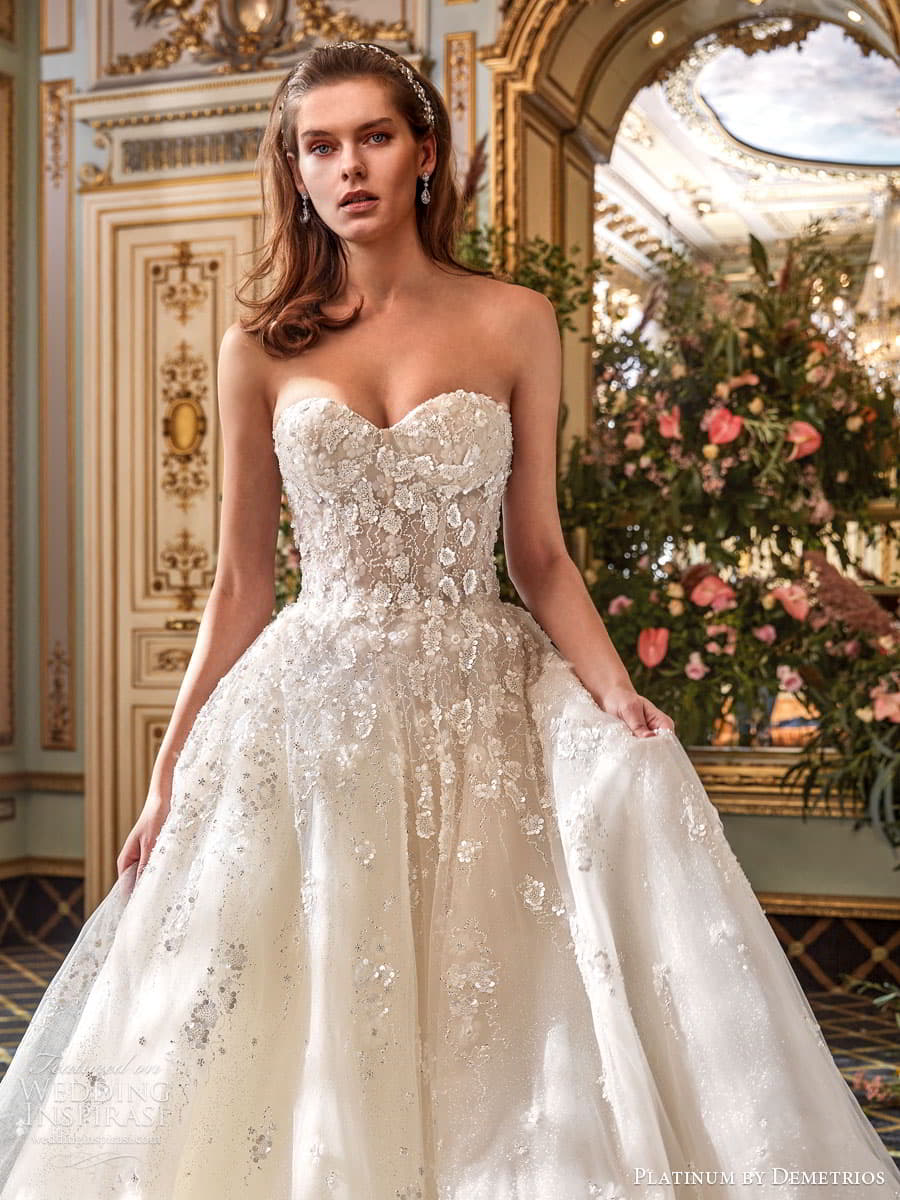demetrios 2024 platinum bridal strapless sweetheart neckline embellished bodice a line ball gown wedding dress chapel train DP504 5