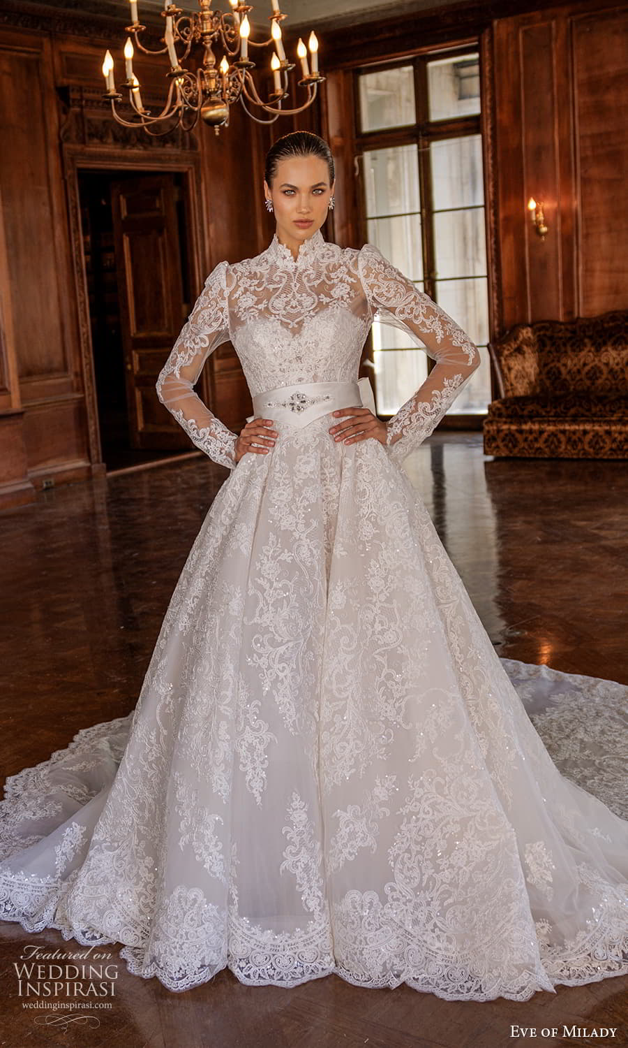eve of milady 2024 couture bridal detachable long puff sleeve high neck top strapless sweetheart neckline lace a line ball gown wedding dress chapel train 4426 fv