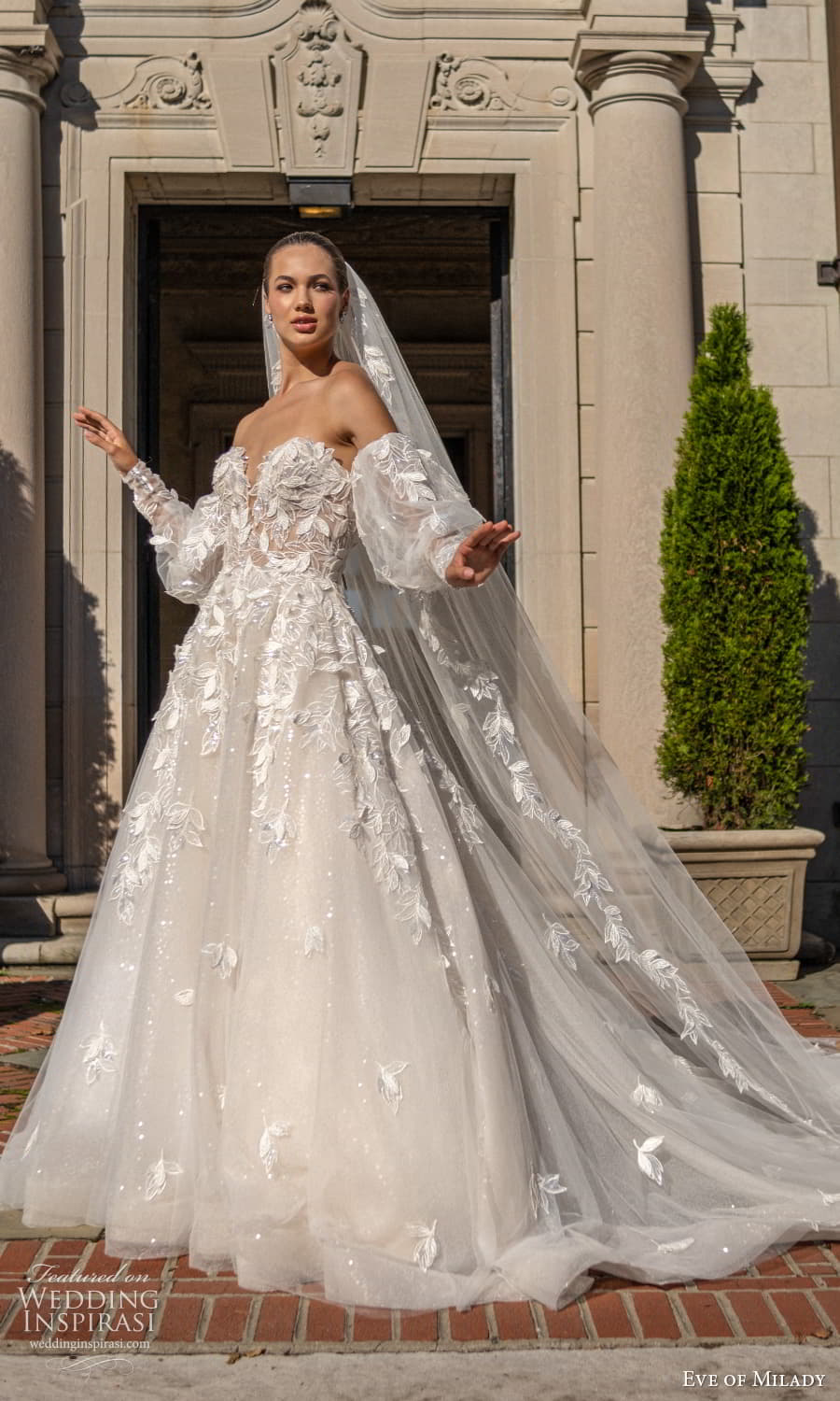 eve of milady 2024 couture bridal detached long puff sleeves strapless sweetheart neckline embellished bodice a line ball gown wedding dress chapel train 4418 mv veil