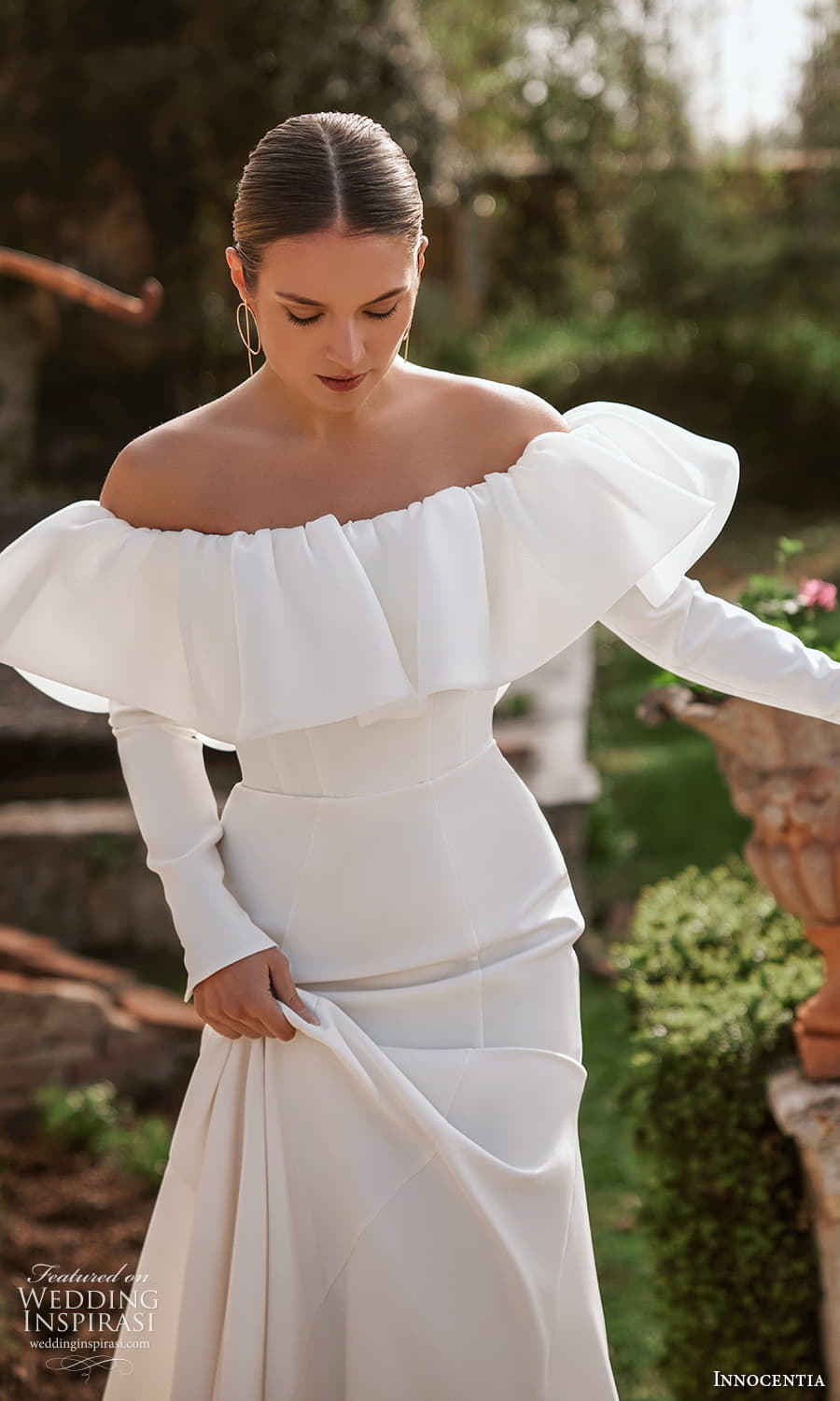 innocentia 2024 bridal long sleeves flutter off shoulder neckline clean minimalist sheath wedding dress chapel train (2) zv