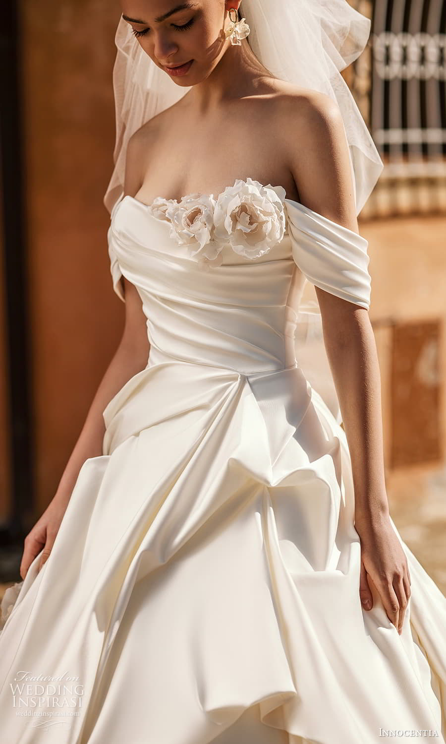 innocentia 2024 bridal off shoulder straps crumbcatcher neckline clean minimalist a line ball gown wedding dress chapel train (5) zv