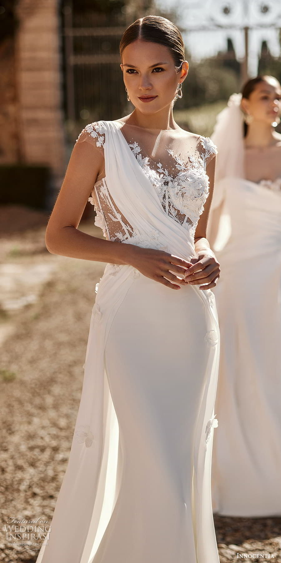 innocentia 2024 bridal sheer cap sleeves illusion asymmetric neckline clean sheath wedding dress overskirt chapel train (10) lv