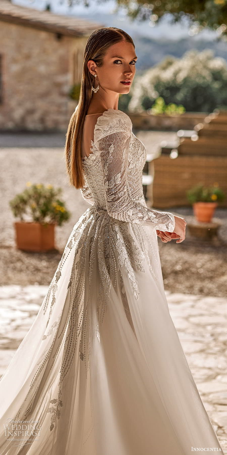 innocentia 2024 bridal sheer long puff sleeve queen anne neckline fully embellished lace sheath wedding dress a line overskirt chapel train (1) bv