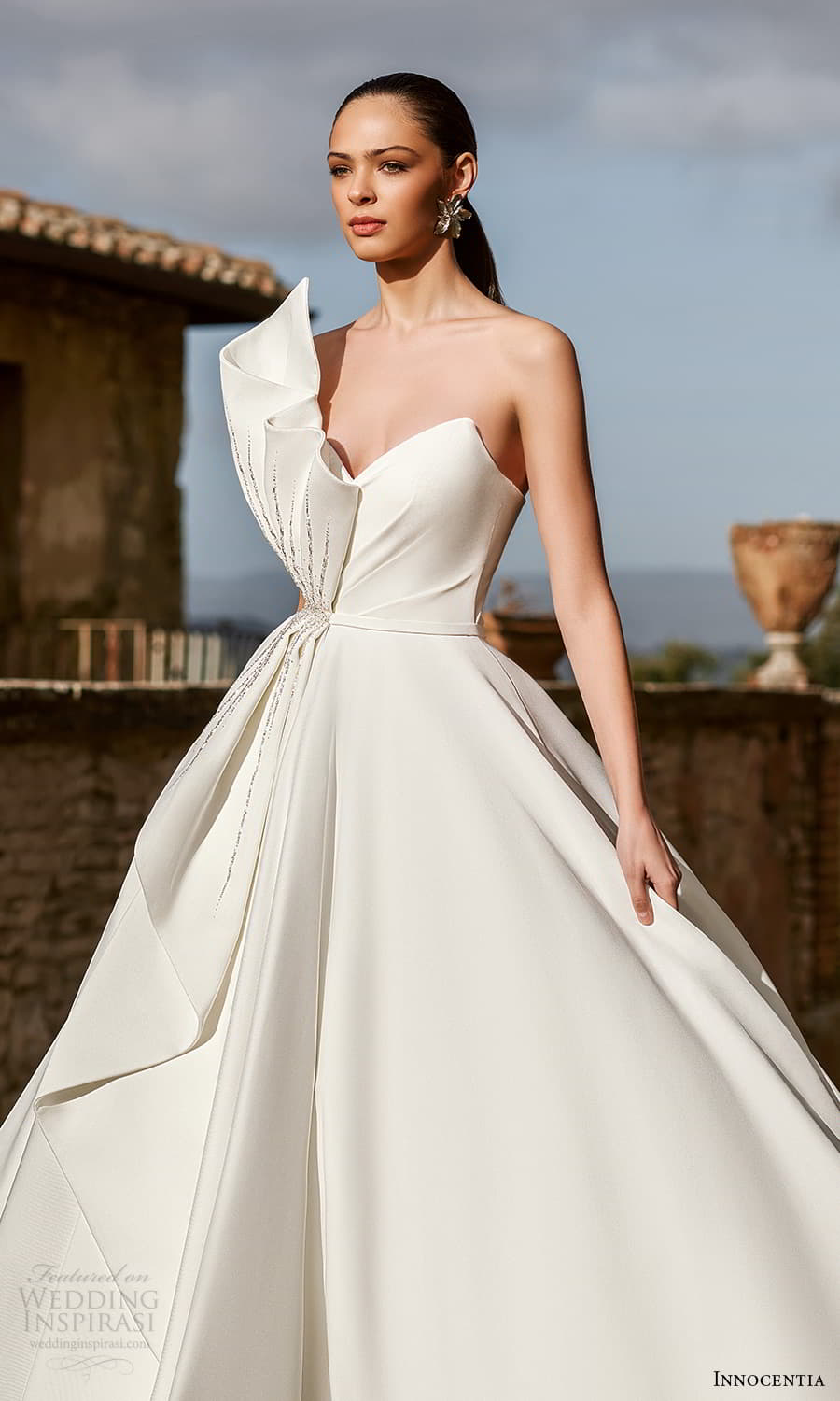 innocentia 2024 bridal strapless crumbcatcher neckline clean minimalist a line ball gown wedding dress chapel train (14) zv