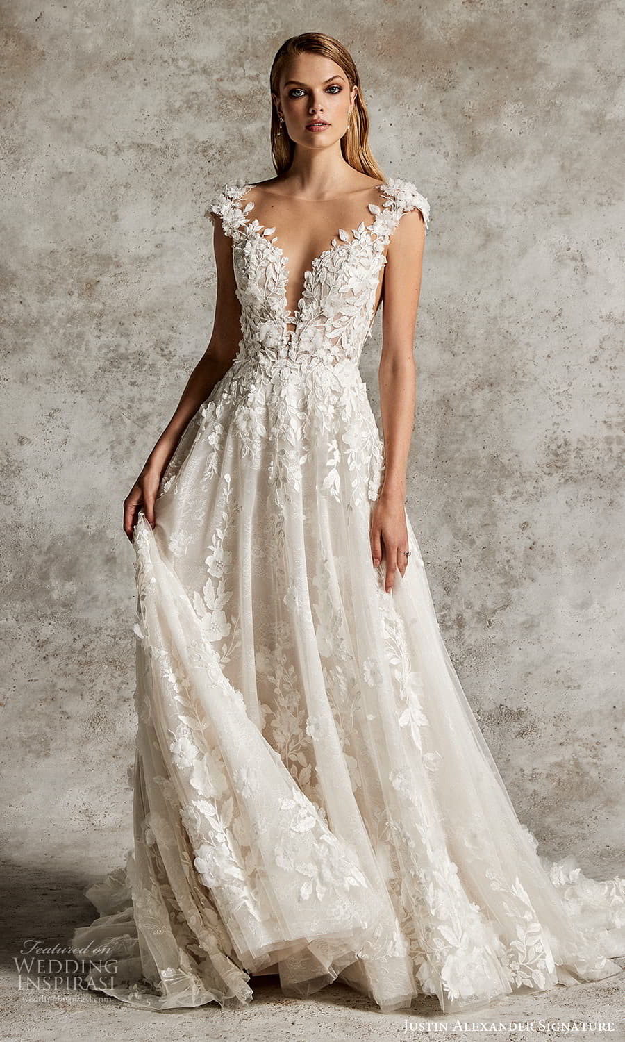 justin alexander signature fall 2024 bridal cap sleeve plunging v neckline heavily embelilshed a line wedding dress chapel train (11) mv