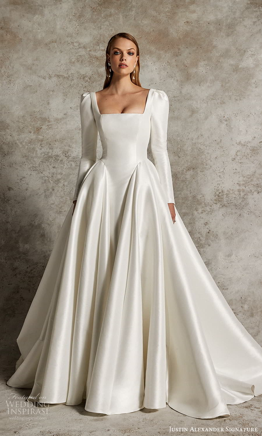 justin alexander signature fall 2024 bridal detachable long puff sleeves thick straps square neckline clean minimalist a line ball gown wedding dress chapel train (4) mv