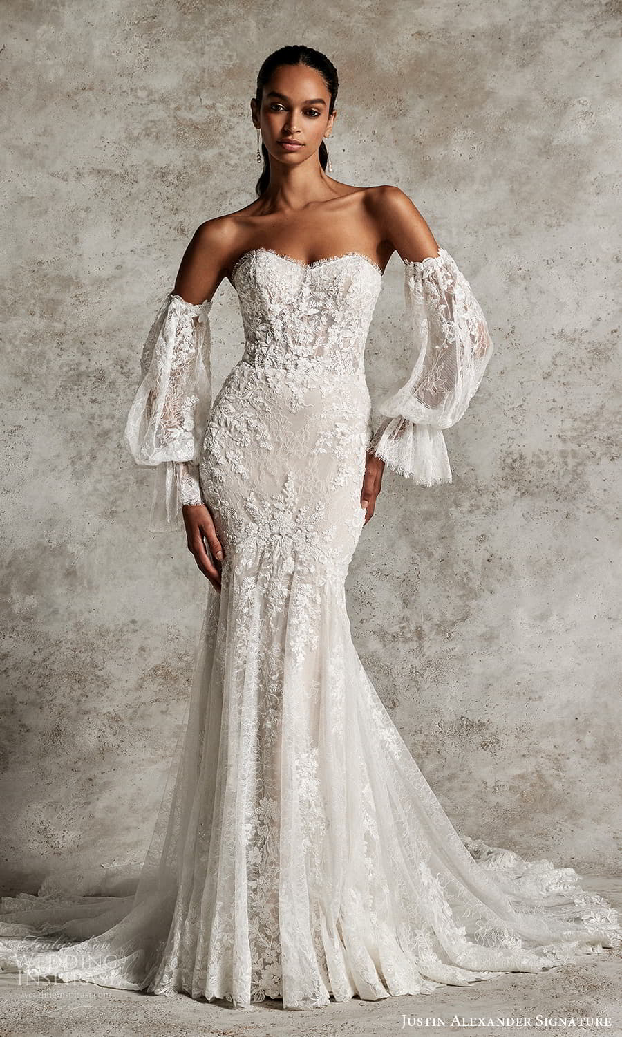 justin alexander signature fall 2024 bridal detached puff sleeves strapless sweetheart neckline fully embellished lace sheath wedding dress chapel train (3) mv