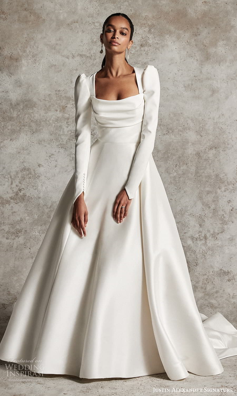 justin alexander signature fall 2024 bridal long puff sleeve square neckline clean minimalist a line ball gown wedding dress chapel train (6) mv