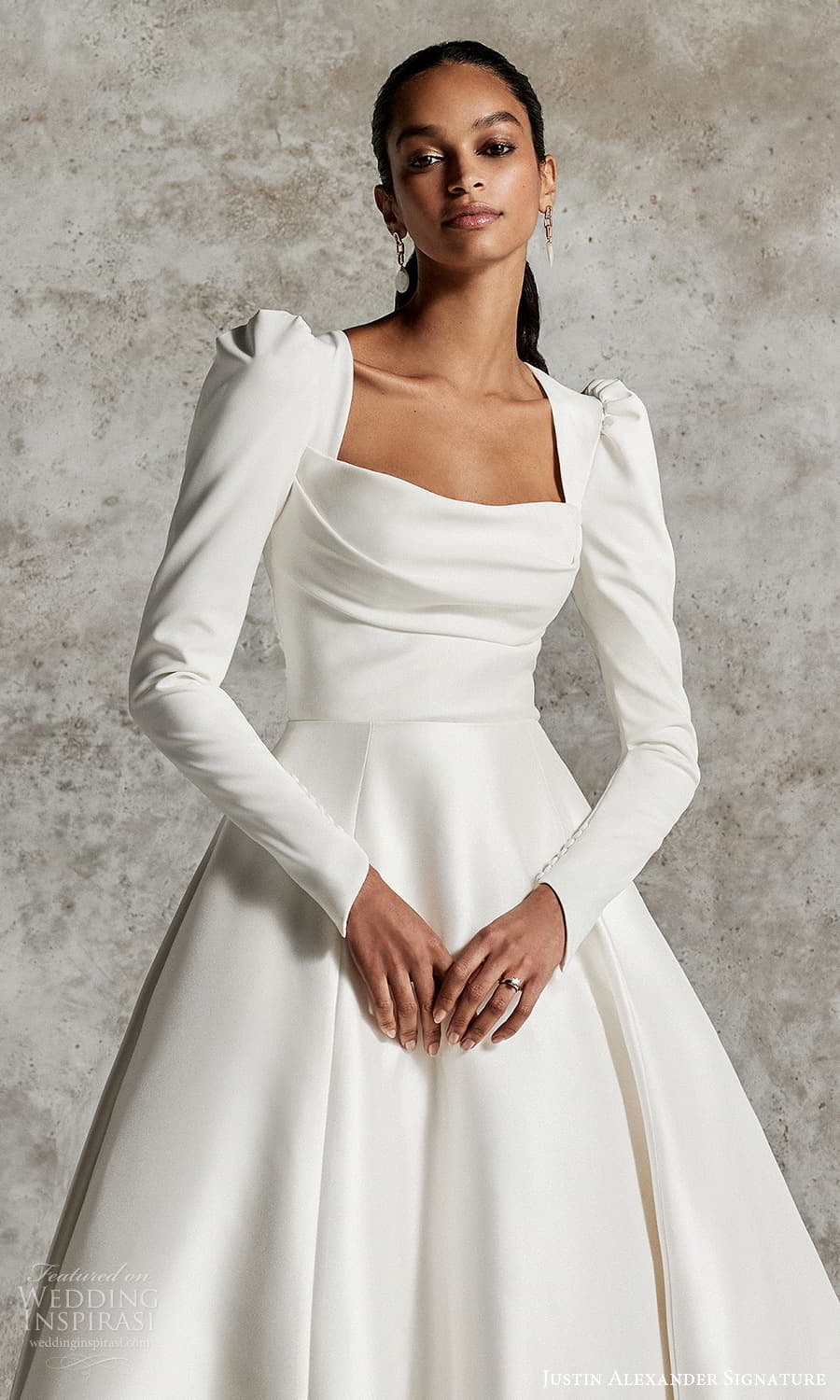 justin alexander signature fall 2024 bridal long puff sleeve square neckline clean minimalist a line ball gown wedding dress chapel train (6) zv